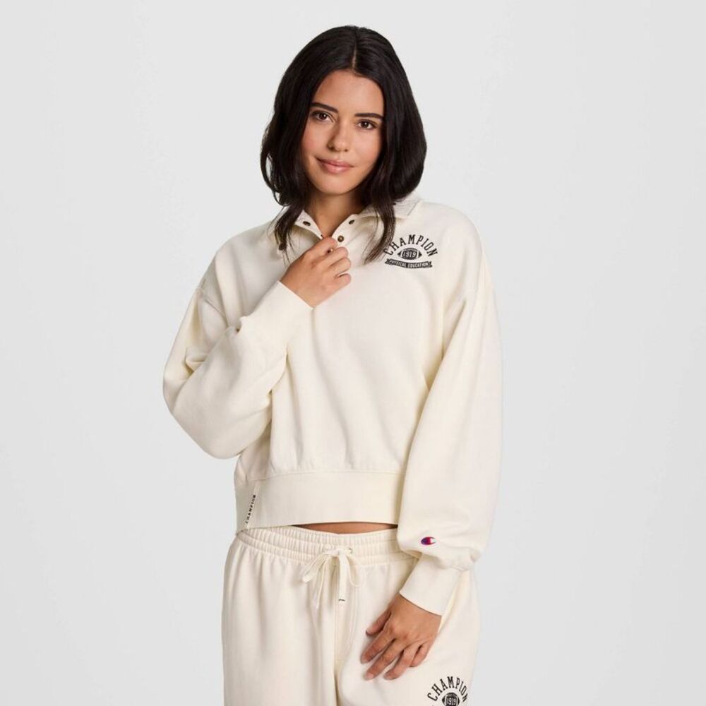Champion Women's Long Sleeve Fleece 1/4 Snap Cropped Pullover - Cream XS
